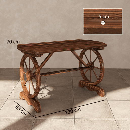 Outsunny Mesa de Jardim de Madeira Mesa de Exterior 120x63x70 cm com Pernas em Forma de Roda Orifício para Chapéu de Sol e Desenho em Ripas Carga 50 kg para Pátio Madeira Carbonizada