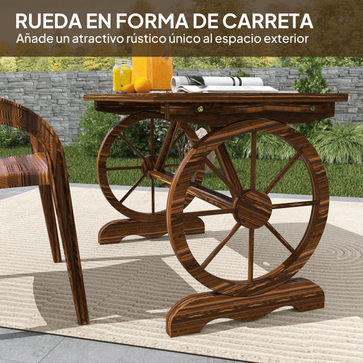 Outsunny Mesa de Jardim de Madeira Mesa de Exterior 120x63x70 cm com Pernas em Forma de Roda Orifício para Chapéu de Sol e Desenho em Ripas Carga 50 kg para Pátio Madeira Carbonizada