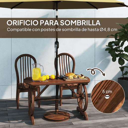 Outsunny Mesa de Jardim de Madeira Mesa de Exterior 120x63x70 cm com Pernas em Forma de Roda Orifício para Chapéu de Sol e Desenho em Ripas Carga 50 kg para Pátio Madeira Carbonizada