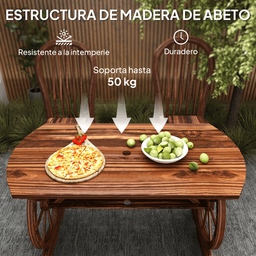 Outsunny Mesa de Jardim de Madeira Mesa de Exterior 120x63x70 cm com Pernas em Forma de Roda Orifício para Chapéu de Sol e Desenho em Ripas Carga 50 kg para Pátio Madeira Carbonizada