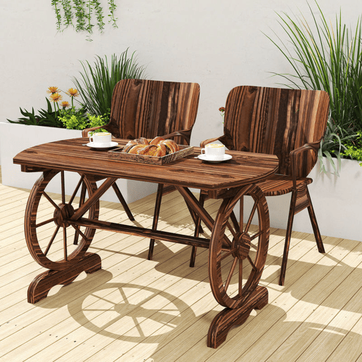 Outsunny Mesa de Jardim de Madeira Mesa de Exterior 120x63x70 cm com Pernas em Forma de Roda Orifício para Chapéu de Sol e Desenho em Ripas Carga 50 kg para Pátio Madeira Carbonizada