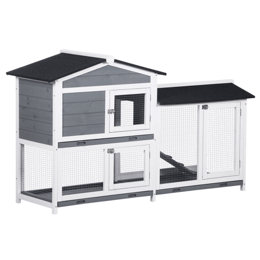 PawHut Coelheira de Madeira Exterior Gaiola para Coelhos de 2 Níveis com Teto Asfáltico 2 Cercados de Metal Bandeja Removível 3 Portas e Rampa 157,4x53x93,5 cm Cinza PawHut Coelheira de Madeira Exterior Gaiola para Coelhos de 2 Níveis com Teto Asfáltico 2 Cercados de Metal Bandeja Removível 3 Portas e Rampa 157,4x53x93,5 cm Cinza
