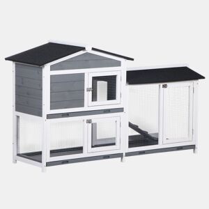 PawHut Coelheira de Madeira Exterior Gaiola para Coelhos de 2 Níveis com Teto Asfáltico 2 Cercados de Metal Bandeja Removível 3 Portas e Rampa 157,4x53x93,5 cm Cinza
