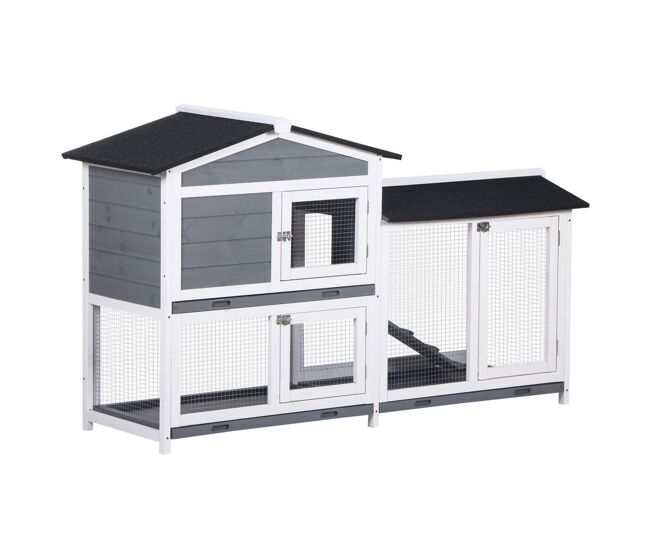 Pawhut conejera de madera exterior jaula para conejos de 2 niveles con techo asfáltico 2 corrales de metal bandeja extraíble 2 puertas y rampa