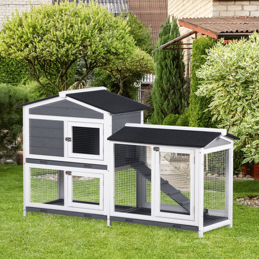 PawHut Coelheira de Madeira Exterior Gaiola para Coelhos de 2 Níveis com Teto Asfáltico 2 Cercados de Metal Bandeja Removível 3 Portas e Rampa 157,4x53x93,5 cm Cinza PawHut Coelheira de Madeira Exterior Gaiola para Coelhos de 2 Níveis com Teto Asfáltico 2 Cercados de Metal Bandeja Removível 3 Portas e Rampa 157,4x53x93,5 cm Cinza