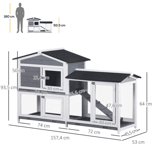 PawHut Coelheira de Madeira Exterior Gaiola para Coelhos de 2 Níveis com Teto Asfáltico 2 Cercados de Metal Bandeja Removível 3 Portas e Rampa 157,4x53x93,5 cm Cinza PawHut Coelheira de Madeira Exterior Gaiola para Coelhos de 2 Níveis com Teto Asfáltico 2 Cercados de Metal Bandeja Removível 3 Portas e Rampa 157,4x53x93,5 cm Cinza