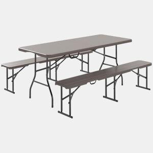 Outsunny Conjunto de Campismo Dobrável de 3 Peças Mesa Dobrável Campismo com Bancos Inclui 1 Mesa 180x74x74 cm e 2 Bancos 182x28x42 cm Efeito Madeira para Acampamentos Jardim Piquenique Marrom