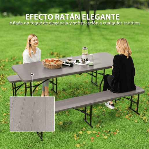 Outsunny Conjunto de Campismo Dobrável de 3 Peças Mesa Dobrável Campismo com Bancos Inclui 1 Mesa 180x74x74 cm e 2 Bancos 182x28x42 cm Efeito Madeira para Acampamentos Jardim Piquenique Marrom