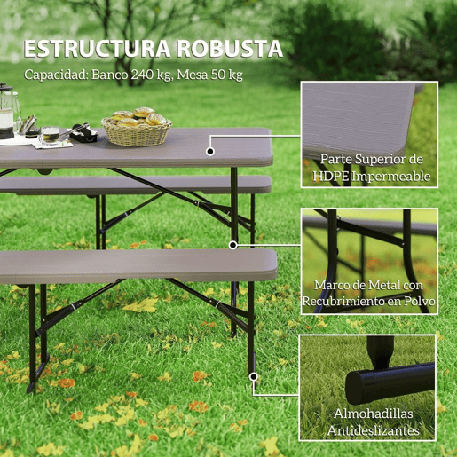 Outsunny Conjunto de Campismo Dobrável de 3 Peças Mesa Dobrável Campismo com Bancos Inclui 1 Mesa 180x74x74 cm e 2 Bancos 182x28x42 cm Efeito Madeira para Acampamentos Jardim Piquenique Marrom