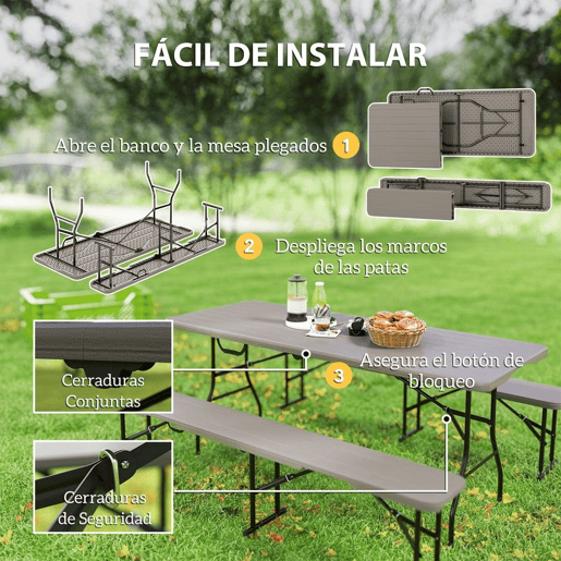 Outsunny Conjunto de Campismo Dobrável de 3 Peças Mesa Dobrável Campismo com Bancos Inclui 1 Mesa 180x74x74 cm e 2 Bancos 182x28x42 cm Efeito Madeira para Acampamentos Jardim Piquenique Marrom