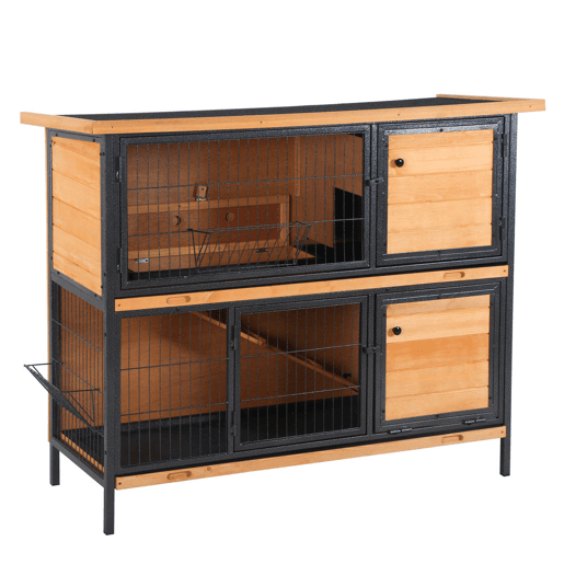 PawHut Gaiola para Coelhos de Madeira de 2 Níveis com Teto Asfáltico Rebatível Portas com Fechadura Bandejas Extraíveis e Rampa para Exterior 122x50x101 cm Madeira e Preto