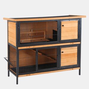 PawHut Gaiola para Coelhos de Madeira de 2 Níveis com Teto Asfáltico Rebatível Portas com Fechadura Bandejas Extraíveis e Rampa para Exterior 122x50x101 cm Madeira e Preto