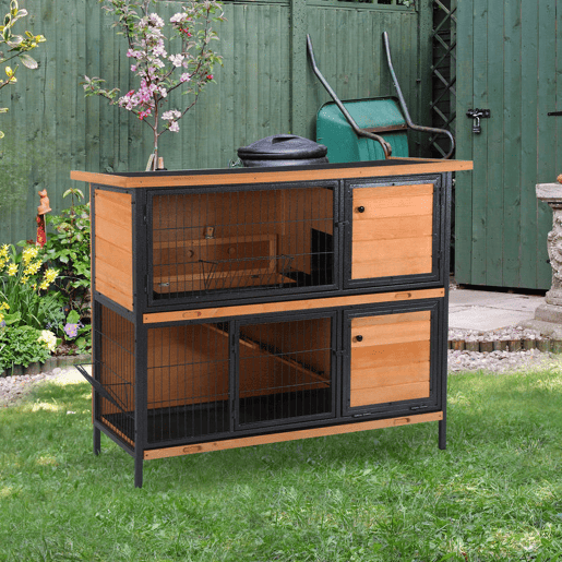 PawHut Gaiola para Coelhos de Madeira de 2 Níveis com Teto Asfáltico Rebatível Portas com Fechadura Bandejas Extraíveis e Rampa para Exterior 122x50x101 cm Madeira e Preto
