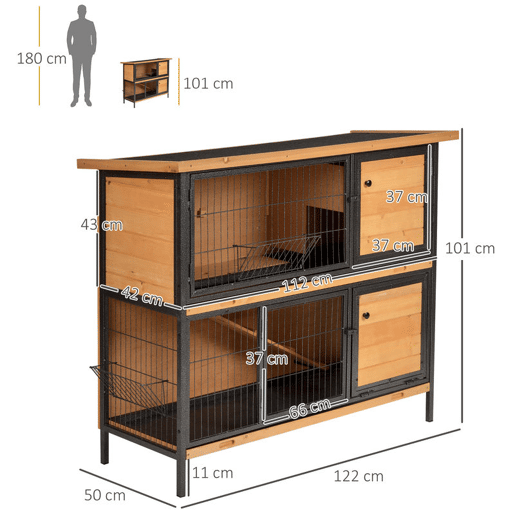 PawHut Gaiola para Coelhos de Madeira de 2 Níveis com Teto Asfáltico Rebatível Portas com Fechadura Bandejas Extraíveis e Rampa para Exterior 122x50x101 cm Madeira e Preto