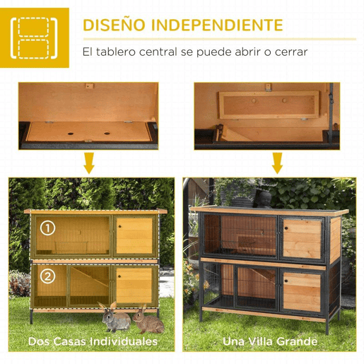 PawHut Gaiola para Coelhos de Madeira de 2 Níveis com Teto Asfáltico Rebatível Portas com Fechadura Bandejas Extraíveis e Rampa para Exterior 122x50x101 cm Madeira e Preto