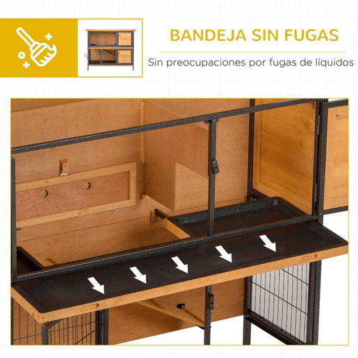 PawHut Gaiola para Coelhos de Madeira de 2 Níveis com Teto Asfáltico Rebatível Portas com Fechadura Bandejas Extraíveis e Rampa para Exterior 122x50x101 cm Madeira e Preto