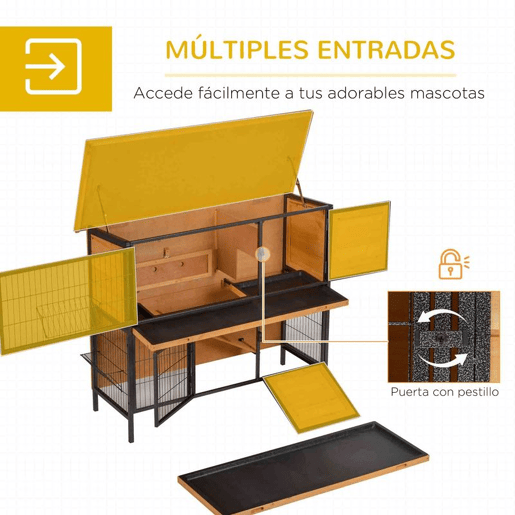 PawHut Gaiola para Coelhos de Madeira de 2 Níveis com Teto Asfáltico Rebatível Portas com Fechadura Bandejas Extraíveis e Rampa para Exterior 122x50x101 cm Madeira e Preto