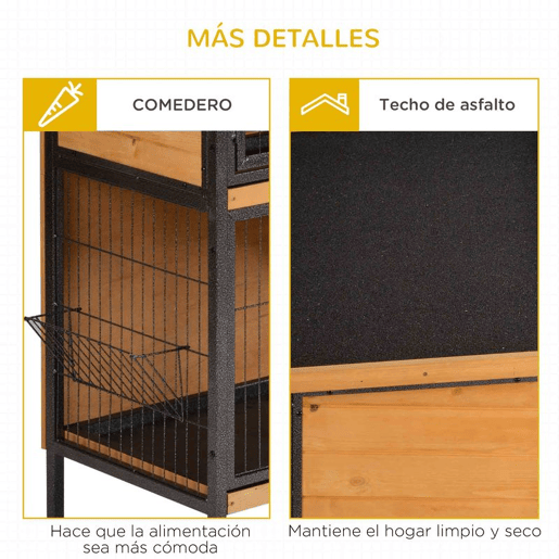 PawHut Gaiola para Coelhos de Madeira de 2 Níveis com Teto Asfáltico Rebatível Portas com Fechadura Bandejas Extraíveis e Rampa para Exterior 122x50x101 cm Madeira e Preto