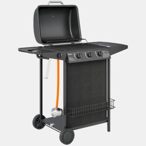 Outsunny Barbecue a Gás com 3+1 Queimadores 9,5 kW Barbecue Portátil com Termómetro Mesa Lateral Prateleira para Temperos Grelha Recolhedor de Gordura 2 Rodas para Jardim Exterior Campismo 108x54x97 cm Preto