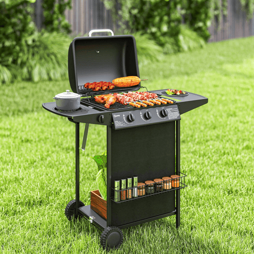 Outsunny Barbecue a Gás com 3+1 Queimadores 9,5 kW Barbecue Portátil com Termómetro Mesa Lateral Prateleira para Temperos Grelha Recolhedor de Gordura 2 Rodas para Jardim Exterior Campismo 108x54x97 cm Preto