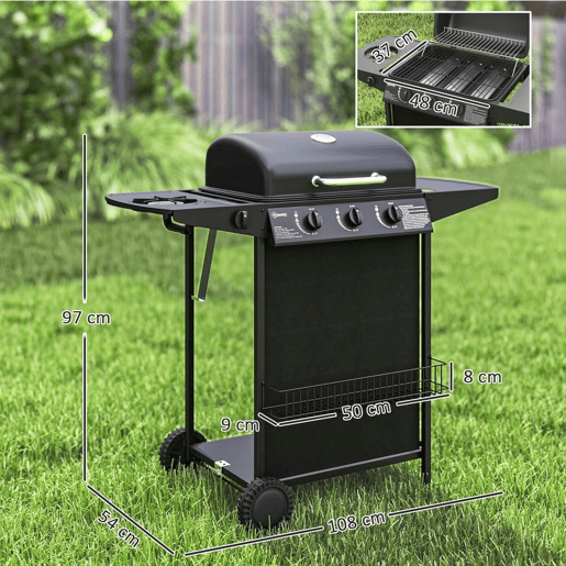 Outsunny Barbecue a Gás com 3+1 Queimadores 9,5 kW Barbecue Portátil com Termómetro Mesa Lateral Prateleira para Temperos Grelha Recolhedor de Gordura 2 Rodas para Jardim Exterior Campismo 108x54x97 cm Preto