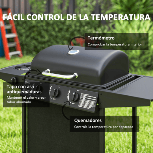 Outsunny Barbecue a Gás com 3+1 Queimadores 9,5 kW Barbecue Portátil com Termómetro Mesa Lateral Prateleira para Temperos Grelha Recolhedor de Gordura 2 Rodas para Jardim Exterior Campismo 108x54x97 cm Preto
