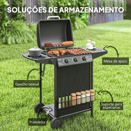 Outsunny Barbecue a Gás com 3+1 Queimadores 9,5 kW Barbecue Portátil com Termómetro Mesa Lateral Prateleira para Temperos Grelha Recolhedor de Gordura 2 Rodas para Jardim Exterior Campismo 108x54x97 cm Preto