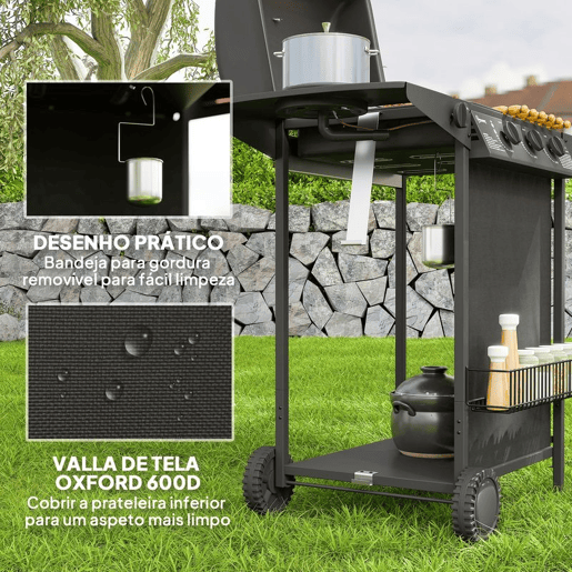 Outsunny Barbecue a Gás com 3+1 Queimadores 9,5 kW Barbecue Portátil com Termómetro Mesa Lateral Prateleira para Temperos Grelha Recolhedor de Gordura 2 Rodas para Jardim Exterior Campismo 108x54x97 cm Preto