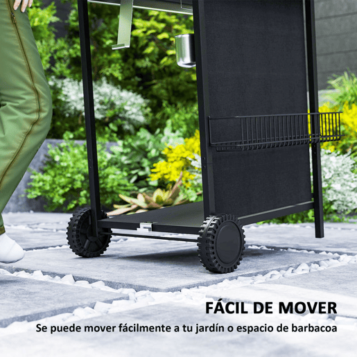 Outsunny Barbecue a Gás com 3+1 Queimadores 9,5 kW Barbecue Portátil com Termómetro Mesa Lateral Prateleira para Temperos Grelha Recolhedor de Gordura 2 Rodas para Jardim Exterior Campismo 108x54x97 cm Preto