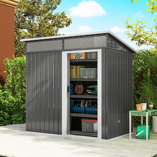 Outsunny Abrigo de Jardim 1,9m² 195x122x182 cm Abrigo de Exterior com Base Reforçada (Chão NÃO Incluído) Porta Corredera Janelas Abrigo de Ferramentas para Pátio Cinza Escuro