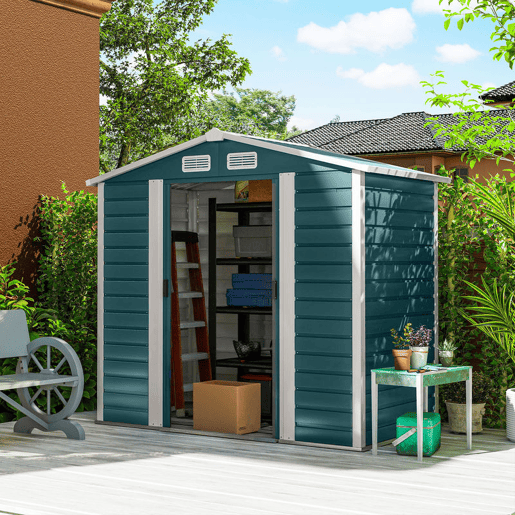 Outsunny Abrigo de Jardim Exterior 2,36m² 213x120x194 cm Abrigo de Exterior com Base Reforçada (Piso NÃO Incluído) Portas de Correr Duplas Fechadura Janelas Verde