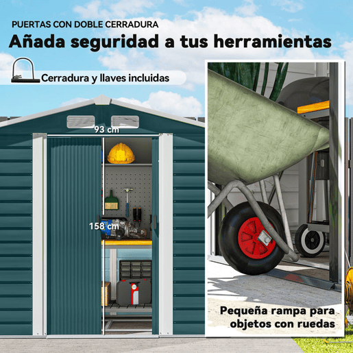 Outsunny Abrigo de Jardim Exterior 2,36m² 213x120x194 cm Abrigo de Exterior com Base Reforçada (Piso NÃO Incluído) Portas de Correr Duplas Fechadura Janelas Verde