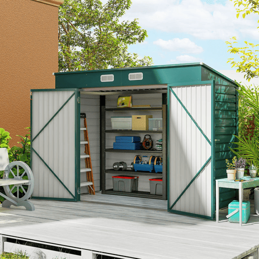 Outsunny Abrigo de Jardim 2,7m² 249x121x183 cm Abrigo de Exterior com Porta Dupla 2 Ventilaç4oes e Trava Abrigo para Pátio Verde