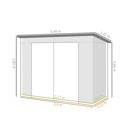 Outsunny Abrigo de Jardim 2,7m² 249x121x183 cm Abrigo de Exterior com Porta Dupla 2 Ventilaç4oes e Trava Abrigo para Pátio Verde