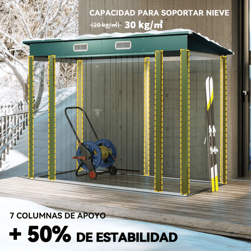 Outsunny Abrigo de Jardim 2,7m² 249x121x183 cm Abrigo de Exterior com Porta Dupla 2 Ventilaç4oes e Trava Abrigo para Pátio Verde