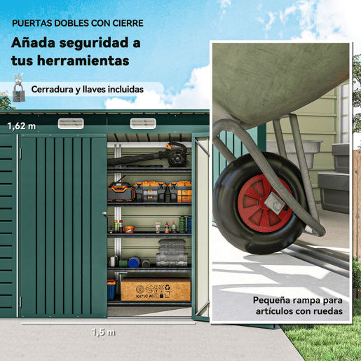 Outsunny Abrigo de Jardim 2,7m² 249x121x183 cm Abrigo de Exterior com Porta Dupla 2 Ventilaç4oes e Trava Abrigo para Pátio Verde