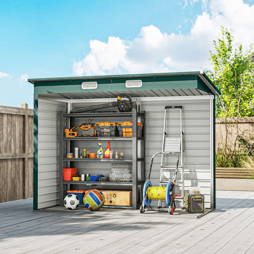 Outsunny Abrigo de Jardim 2,7m² 249x121x183 cm Abrigo de Exterior com Porta Dupla 2 Ventilaç4oes e Trava Abrigo para Pátio Verde