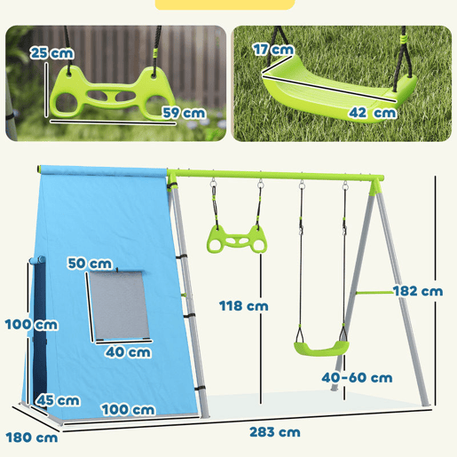 AIYAPLAY Baloiço para Crianças de +3 Anos 3 em 1 Baloiço para Jardim Exterior com Baloiço Anéis de Ginástica e Tenda Estrutura Metálica Verde