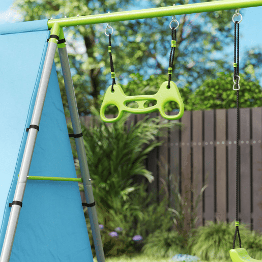 AIYAPLAY Baloiço para Crianças de +3 Anos 3 em 1 Baloiço para Jardim Exterior com Baloiço Anéis de Ginástica e Tenda Estrutura Metálica Verde