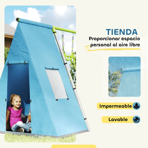 AIYAPLAY Baloiço para Crianças de +3 Anos 3 em 1 Baloiço para Jardim Exterior com Baloiço Anéis de Ginástica e Tenda Estrutura Metálica Verde