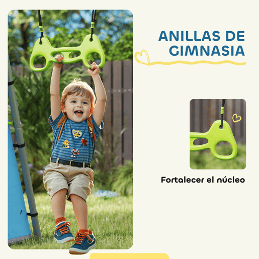 AIYAPLAY Baloiço para Crianças de +3 Anos 3 em 1 Baloiço para Jardim Exterior com Baloiço Anéis de Ginástica e Tenda Estrutura Metálica Verde