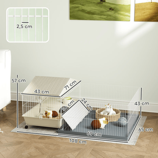 PawHut Gaiola para Animais Pequenos com Parque Desmontável Gaiola para Roedores com Rodas Rampas Bebedouro e Dispensador de Feno 108x71x57 cm Bege