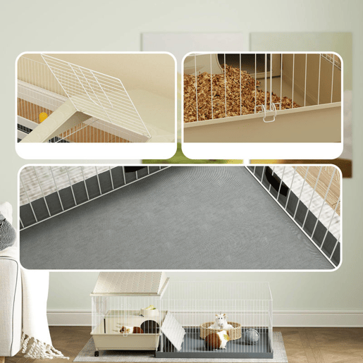 PawHut Gaiola para Animais Pequenos com Parque Desmontável Gaiola para Roedores com Rodas Rampas Bebedouro e Dispensador de Feno 108x71x57 cm Bege