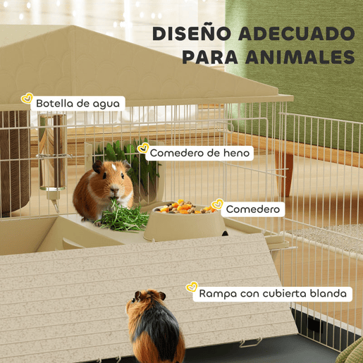 PawHut Gaiola para Animais Pequenos com Parque Desmontável Gaiola para Roedores com Rodas Rampas Bebedouro e Dispensador de Feno 108x71x57 cm Bege