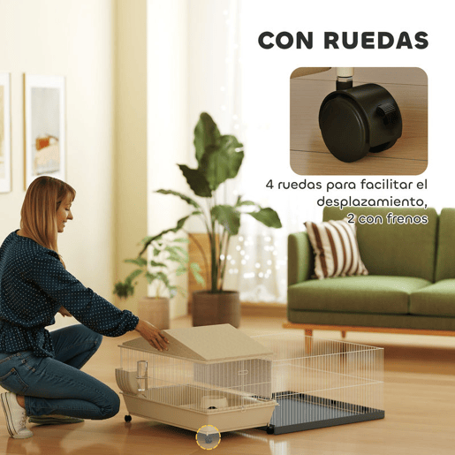 PawHut Gaiola para Animais Pequenos com Parque Desmontável Gaiola para Roedores com Rodas Rampas Bebedouro e Dispensador de Feno 108x71x57 cm Bege