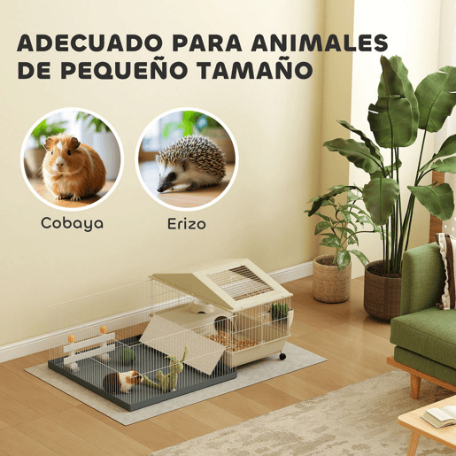 PawHut Gaiola para Animais Pequenos com Parque Desmontável Gaiola para Roedores com Rodas Rampas Bebedouro e Dispensador de Feno 108x71x57 cm Bege