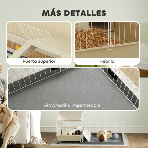 PawHut Gaiola para Animais Pequenos com Parque Desmontável Gaiola para Roedores com Rodas Rampas Bebedouro e Dispensador de Feno 108x71x57 cm Bege