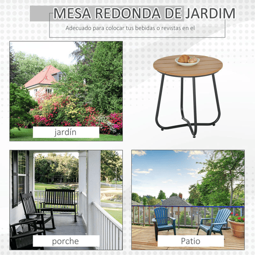 Outsunny Mesa Auxiliar Redonda Mesa de Jardim com Desenho em Ripas e Pés Ajustáveis Mesa para Exterior Varanda Pátio Ø49x48 cm Madeira e Preto