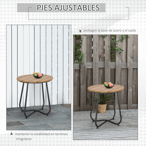 Outsunny Mesa Auxiliar Redonda Mesa de Jardim com Desenho em Ripas e Pés Ajustáveis Mesa para Exterior Varanda Pátio Ø49x48 cm Madeira e Preto