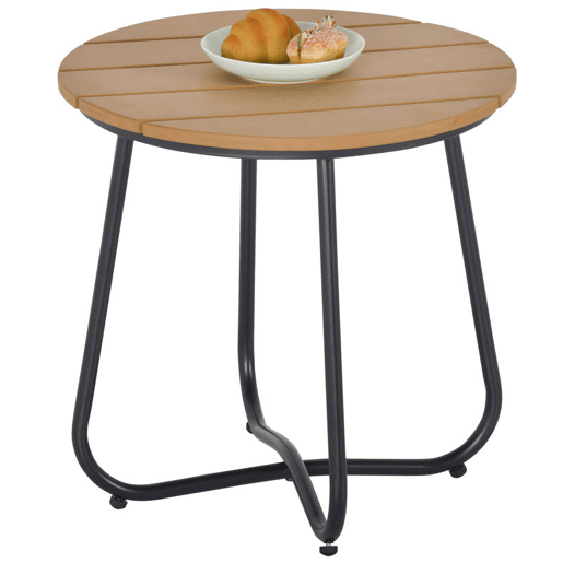 Outsunny Mesa Auxiliar Redonda Mesa de Jardim com Desenho em Ripas e Pés Ajustáveis Mesa para Exterior Varanda Pátio Ø49x48 cm Madeira e Preto
